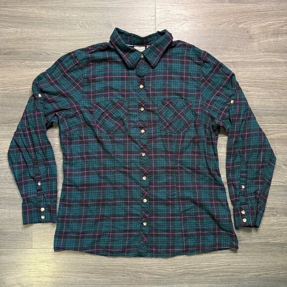 L.L. Bean Women's Lightweight Plaid Flannel Shirt - Teal/Pink - Picture 1 of 5
